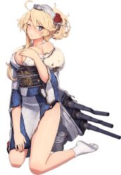 Rule 34 | 1girl, american flag, blonde hair, blue eyes, blue nails, blush, breasts, flag print, flower, full body, furisode, headgear, iowa (kancolle), japanese clothes, kantai collection, kimono, kneeling, large breasts, long hair, looking at viewer, multicolored nails, nail polish, official art, one eye closed, red nails, rose, shizuma yoshinori, solo, star-shaped pupils, star (symbol), symbol-shaped pupils, tabi, torn clothes, transparent background, turret