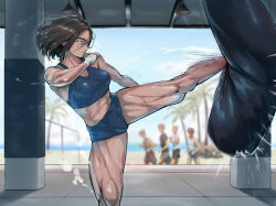 Rule 34 | 1girl, 4boys, 702 96, abs, bare shoulders, beach, blurry, blurry background, breasts, brown hair, commentary request, day, hair between eyes, high kick, highres, kicking, medium breasts, midriff, motion lines, multiple boys, muscular, muscular female, navel, orange eyes, original, palm tree, punching bag, scar, scar on face, scar on leg, scar on stomach, shirt, shorts, sleeveless, sports bra, standing, standing on one leg, sweat, tree, water