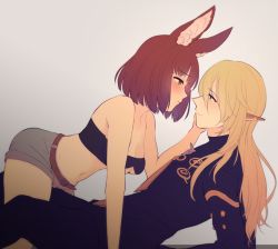 Rule 34 | 1boy, 1girl, all fours, animal ear fluff, animal ears, bandeau, bare arms, bare legs, bare shoulders, belt, black jacket, black pants, black shirt, black tube top, blonde hair, blouse, blush, breasts, calm mashiro, cleavage, cleavage cutout, closed mouth, clothing cutout, couple, dog ears, etrian odyssey, eye contact, face-to-face, girl on top, gradient background, green eyes, grey background, grey shorts, groin, hair between eyes, half-closed eyes, hand on another&#039;s cheek, hand on another&#039;s face, hand up, hetero, hound (sekaiju), jacket, legs, long hair, long sleeves, looking at another, medium breasts, midriff, navel, neck, pants, pointy ears, profile, reclining, red hair, sekaiju no meikyuu, sekaiju no meikyuu 5, shirt, short hair, short shorts, shorts, sidelocks, smile, strapless, tube top, warlock (sekaiju), yellow eyes