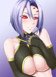 Rule 34 | 10s, 1girl, arachne, arthropod girl, bare shoulders, blush, breasts, claws, collarbone, detached sleeves, extra eyes, female focus, gradient background, grin, impossible clothes, insect girl, large breasts, light purple hair, lips, looking at viewer, monster girl, monster musume no iru nichijou, purple background, rachnera arachnera, red eyes, shaito, shiny skin, short hair, smile, solo, spider girl, taur, underboob