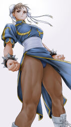 Rule 34 | 1girl, bangle, black pantyhose, blue dress, boots, bracelet, breasts, brown eyes, brown hair, capcom, china dress, chinese clothes, chun-li, clenched hands, closed mouth, double bun, dress, earrings, feet out of frame, hair bun, hair ribbon, high collar, highres, jewelry, knee boots, looking at viewer, medium breasts, muscular, muscular female, pantyhose, pearl earrings, pelvic curtain, puffy short sleeves, puffy sleeves, ribbon, short sleeves, solo, spiked bracelet, spikes, standing, street fighter, thighs, upskirt, white background, white footwear, white ribbon, x chitch
