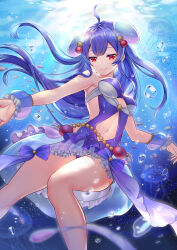 1girl ahoge blue_hair breasts cleavage clothing_cutout dress frills hair_ornament highres jellyfish kayoh0731 long_hair looking_at_viewer navel navel_cutout noa_(shironeko_project) red_eyes shironeko_project small_breasts smile solo underwater