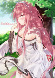 Rule 34 | 1girl, absurdres, artist name, azur lane, breasts, cleavage, day, detached collar, dress, feathered wings, frilled dress, frills, from side, highres, large breasts, long hair, makihige, outdoors, perseus (azur lane), pink eyes, pink hair, sideways glance, solo, standing, tree, tree shade, valentine, very long hair, white dress, wings