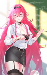 Rule 34 | 1girl, absurdres, alternate costume, belt, black bra, blurry, blurry background, bra, breasts, chalkboard, cleavage, collar, formal, frigg (tower of fantasy), frills, glasses, highres, holding, holding pointer, long hair, looking at viewer, medium breasts, miniskirt, nail polish, partially unbuttoned, pink eyes, pink hair, pink nails, pointer, skirt, skirt suit, smile, suit, teacher, tower of fantasy, underwear, very long hair, zhe feng yi