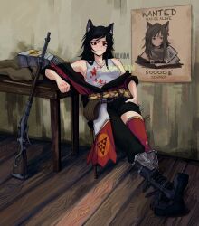 Rule 34 | 1girl, :3, animal ears, archirai, black hair, boots, cat ears, gun, highres, leaning on object, original, poster, poster (object), red eyes, rifle, robe, rope, signature, solo, table, tank top, wanted, weapon, wooden floor