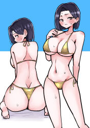 Rule 34 | 1girl, arm behind back, ass, ass focus, back, back-tie bikini, backboob, bikini, blue background, blue hair, blush, boku no kokoro no yabai yatsu, breasts, brown eyes, closed mouth, dark blue hair, dot nose, embarrassed, eyebrows, eyelashes, feet out of frame, female focus, from behind, full body, hand on own chest, highres, large breasts, long28, looking at viewer, looking back, mature female, medium hair, multiple views, navel, profile, side-tie bikini bottom, simple background, sitting, solo, standing, sweat, swimsuit, thong, toes, two-tone background, wariza, white background, wide hips, yamada sanae (bokuyaba), yellow bikini