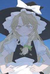 Rule 34 | apron, black hat, black skirt, black vest, blonde hair, blue background, blush, bow, braid, buttons, frilled hat, frills, green bow, hair bow, hand on own hip, hat, hat bow, highres, kirisame marisa, lantanine, light smile, long hair, looking at viewer, puffy short sleeves, puffy sleeves, shaded face, shirt, short sleeves, side braid, simple background, single braid, skirt, touhou, very long hair, vest, waist apron, white bow, white shirt, witch hat, yellow eyes