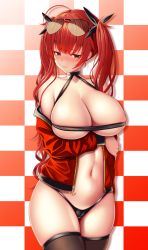 Rule 34 | 1girl, anchor, azur lane, bare shoulders, bikini, black bikini, black ribbon, black thighhighs, blush, breasts, checkered background, cleavage, closed mouth, eyewear on head, gradient background, hair ribbon, highres, honolulu (azur lane), huge breasts, jacket, large breasts, long hair, looking at viewer, navel, race queen, red eyes, red hair, red jacket, ribbon, solo, sunglasses, swimsuit, thighhighs, twintails, underboob, zukky