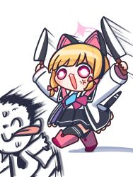 Rule 34 | 1boy, 1girl, anger vein, animal ear headphones, animal ears, doodle sensei (blue archive), black skirt, black thighhighs, blonde hair, blue archive, blue necktie, bow, cat tail, collared shirt, eiul, fake animal ears, hair bow, halo, headphones, highres, holding, holding knife, jacket, knife, long sleeves, momoi (blue archive), necktie, open clothes, open jacket, open mouth, pink halo, pleated skirt, red bow, red eyes, sensei (blue archive), shirt, short hair, simple background, skirt, tail, thighhighs, white background, white jacket, white shirt