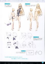 Rule 34 | 1girl, :o, angela balzac, ass, back, barefoot, blonde hair, blue eyes, breasts, breasts apart, casual one-piece swimsuit, character sheet, cleavage cutout, clenched hands, clothing cutout, concept art, covered navel, eyewear on head, from behind, from side, full body, grey one-piece swimsuit, halterneck, hand on own hip, high ponytail, highleg, highleg swimsuit, highres, kneepits, large breasts, legs, light smile, long hair, multiple views, navel, no nipples, no pussy, nude, official art, one-piece swimsuit, open mouth, page number, partially colored, ponytail, portrait, profile, rakuen tsuihou, saitou masatsugu, scan, scrunchie, sideboob, simple background, sketch, smile, standing, sunglasses, swimsuit, tiptoes, translation request, turnaround, turtleneck, very long hair, white background