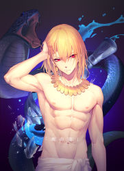 Rule 34 | &gt;:(, 10s, 1boy, abs, arm at side, arm up, armpits, blonde hair, closed mouth, commentary request, earrings, expressionless, fate/extra, fate/extra ccc, fate (series), frown, gilgamesh (fate), gradient background, hair between eyes, hand on own head, jewelry, liusang, looking at viewer, male focus, navel, purple background, red eyes, scales, shatter, shoulder necklace, snake, stomach, topless male, translated, upper body, v-shaped eyebrows