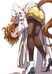 Rule 34 | 1girl, absurdres, agnes tachyon (umamusume), ahoge, ass, black pantyhose, black shirt, brown hair, empty eyes, from below, high heels, highres, horse girl, lab coat, leaning forward, looking at viewer, messy hair, okitsugu, pantyhose, red eyes, shirt, short hair, simple background, sleeves past fingers, sleeves past wrists, smile, solo, sweater, sweater vest, umamusume, white background, white footwear, yellow sweater