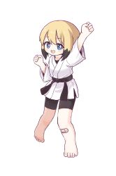 Rule 34 | 1girl, arm up, bandaid, bandaid on leg, barefoot, belt, bike shorts, black belt, black hair, blonde hair, blue eyes, bright pupils, chinese commentary, colored tips, commentary request, dougi, full body, highres, kuma-bound, looking at viewer, martial arts belt, multicolored hair, open mouth, original, simple background, smile, solo, standing, toes, two-tone hair, white background, white pupils