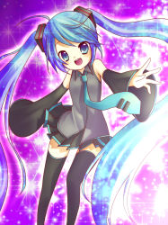Rule 34 | 1girl, :d, amane kurumi, bad id, bad pixiv id, blue eyes, blue hair, detached sleeves, female focus, hatsune miku, highres, legs, long hair, matching hair/eyes, necktie, open mouth, skirt, smile, solo, sparkle, thighhighs, twintails, very long hair, vocaloid