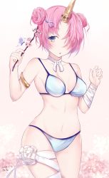 Rule 34 | 1girl, bandaged arm, bandaged leg, bandages, bikini, blush, breasts, bug, butterfly, dated, double bun, fate/apocrypha, fate/grand order, fate (series), frankenstein&#039;s monster (fate), frankenstein&#039;s monster (swimsuit saber) (fate), frankenstein&#039;s monster (swimsuit saber) (first ascension) (fate), hair bun, hair ornament, hair over one eye, hairclip, highres, holding, horns, insect, leg ribbon, medium breasts, navel, pink hair, ribbon, sai (saipoko), short hair, side bun, signature, single horn, solo, standing, swimsuit, thigh ribbon