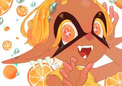 +_+ 002_miicha 1girl bubble dark-skinned_female dark_skin domino_mask earrings fangs food fruit frye_(splatoon) glint hands_up highres inkling jewelry looking_at_viewer mask nintendo open_mouth orange_(fruit) orange_slice pointy_ears portrait shadow smile solo splatoon_(series) splatoon_3 tooth_earrings white_background