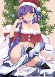 Rule 34 | 1girl, alternate costume, arm support, armored boots, bare shoulders, bauble, blue ribbon, blush, boots, bottomless, breasts, brown background, christmas ornaments, christmas tree, cleavage, closed mouth, collarbone, fate/grand order, fate (series), fur-trimmed headwear, fur trim, hair ribbon, hand up, hat, highres, kesoshirou, leaning to the side, long hair, looking at viewer, meltryllis (fate), navel, off-shoulder shirt, off shoulder, purple hair, red hat, red shirt, ribbon, sack, santa hat, shirt, simple background, single sidelock, sitting, small breasts, smile, solo, spikes, thigh boots, thighhighs, very long hair