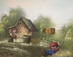 Rule 34 | 1boy, block (object), blue overalls, closed eyes, commentary, dave pollot, english commentary, facial hair, hat, house, lying, male focus, mario, mario (series), mustache, nintendo, on back, outdoors, overalls, piranha plant, plant, red hat, sharp teeth, signature, sleeping, teeth, traditional media, tree, warp pipe, wide shot