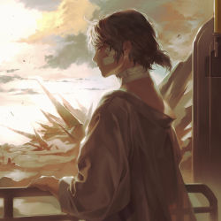 Rule 34 | 1boy, arknights, bandaged neck, bandages, bandaid, black hair, closed mouth, cloud, commentary, dark-skinned male, dark skin, english commentary, grey jacket, highres, jacket, male focus, manjyufroth, outdoors, parted lips, ponytail, profile, railing, short ponytail, sky, solo, thorns (arknights), upper body, yellow eyes