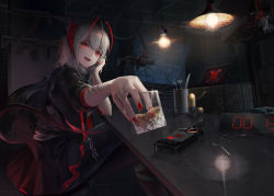 Rule 34 | 1girl, absurdres, alcohol, antennae, arknights, bar (place), black gloves, black jacket, black scarf, bottle, cup, demon girl, demon horns, demon tail, detonator, drinking glass, fingerless gloves, gloves, grenade launcher, grey scarf, grey shirt, highres, horns, ice, ice cube, jacket, liquor, me/r, mk 18 carbine, nail polish, open clothes, open jacket, open mouth, red eyes, red nails, scar, scar on arm, scarf, shirt, short hair, silver hair, smile, tail, w (arknights), weapon, whiskey