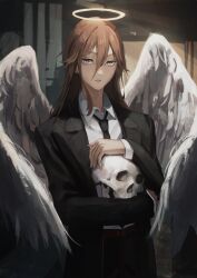Rule 34 | 1boy, absurdres, angel devil (chainsaw man), angel wings, ao desu2222, black jacket, black necktie, black pants, brown eyes, brown hair, chainsaw man, collared shirt, feathered wings, formal, hair between eyes, halo, highres, holding, holding skull, jacket, long hair, looking at viewer, necktie, open mouth, pants, shirt, shirt tucked in, skull, solo, suit, suit jacket, white shirt, white wings, wings