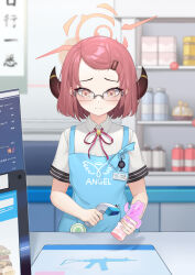 Rule 34 | 1girl, absurdres, angel&#039;s 24 uniform (blue archive), apron, aru (blue archive), barcode scanner, bespectacled, blue apron, blue archive, blush, brown horns, closed mouth, collared shirt, convenience store, demon horns, glasses, hair ornament, hairclip, halo, haniwa (statue), highres, holding, horns, indoors, pink hair, pink halo, red ribbon, ribbon, shirt, shop, short hair, short sleeves, solo, white shirt, wish-tf, yellow eyes