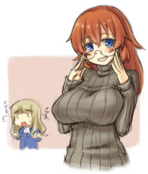 Rule 34 | 2girls, 3 3, blonde hair, blue eyes, blush, borrowed clothes, breasts, charlotte e. yeager, eyewear switch, glasses, kou (garakuta teikoku), large breasts, long hair, looking at viewer, looking for glasses, looking over eyewear, multiple girls, open mouth, orange hair, perrine h. clostermann, ribbed sweater, strike witches, sweat, sweater, world witches series