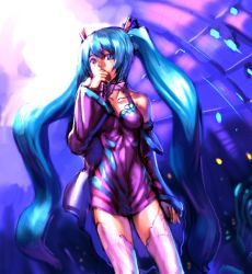 Rule 34 | blue hair, bow (bhp), detached sleeves, hatsune miku, long hair, microphone, solo, thighhighs, tion yoku, twintails, vocaloid