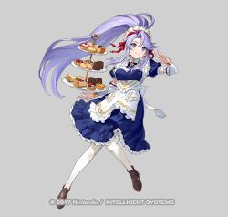 Rule 34 | 1girl, apron, blue dress, brown footwear, cake, commentary request, cookie, dress, fire emblem, fire emblem: genealogy of the holy war, fire emblem heroes, food, full body, grey background, hair ribbon, hand up, long hair, maid, maid headdress, nintendo, official alternate costume, official art, open mouth, pantyhose, petticoat, ponytail, puffy short sleeves, puffy sleeves, purple eyes, purple hair, red ribbon, ribbon, shoes, short sleeves, simple background, smile, solo, tailtiu (fire emblem), tray, urata asao, very long hair, white apron, white pantyhose