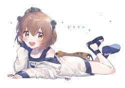 Rule 34 | 1girl, bag, blue one-piece swimsuit, brown eyes, brown hair, collarbone, covered navel, full body, hair between eyes, headgear, headset, highres, jacket, kantai collection, lifebuoy, long sleeves, looking at viewer, lying, name tag, on stomach, one-piece swimsuit, open mouth, sandals, school swimsuit, short hair, simple background, smile, solo, speaking tube headset, swim ring, swimsuit, swimsuit under clothes, track jacket, white background, white jacket, yukikaze (kancolle), zuho (vega)