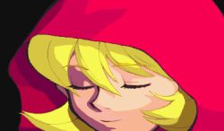 Rule 34 | 1girl, animated, animated gif, black background, blonde hair, blue eyes, bulleta, capcom, clenched teeth, closed eyes, creepy, evil, fang, grin, hood, looking at viewer, lowres, sharp teeth, short hair, simple background, smile, solo, teeth, vampire (game), you gonna get raped