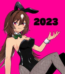 Rule 34 | 1girl, 2023, aimai (luckyfive), animal ears, arm support, bare shoulders, black hairband, black leotard, bow, bowtie, breasts, brown hair, chinese zodiac, cleavage, closed mouth, collar, detached collar, fake animal ears, feet out of frame, fishnet pantyhose, fishnets, green bow, green bowtie, grey pantyhose, hair between eyes, hairband, hand up, highres, leotard, long hair, looking at viewer, medium breasts, pantyhose, pink background, playboy bunny, rabbit ears, red eyes, simple background, sirius symboli (umamusume), sitting, smile, solo, strapless, strapless leotard, umamusume, very long hair, white collar, wing collar, wrist cuffs, year of the rabbit