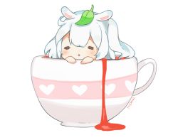 Rule 34 | = =, animal ears, blush, chibi, commentary, cup, dripping, english commentary, facing viewer, in container, in cup, leaf, leaf on head, mochii, original, parted lips, signature, solo, transparent background, triangle mouth, white hair
