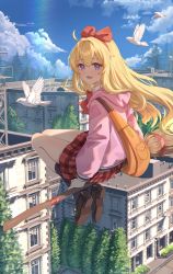 Rule 34 | 1girl, absurdres, animal, bird, blonde hair, bow, broom, broom riding, building, collared shirt, day, flying, gabriel dropout, gabriel tenma white, highres, jl tan, kneehighs, loafers, long hair, looking at viewer, midair, open mouth, outdoors, pink sweater, pleated skirt, purple eyes, red bow, red skirt, shirt, shoes, skirt, socks, solo, sweater, white shirt