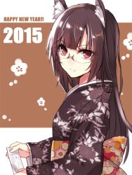 Rule 34 | 10s, 1girl, 2015, animal ears, aosaki yukina, black hair, fox ears, from side, glasses, happy new year, japanese clothes, kimono, long hair, looking at viewer, new year, obi, omikuji, original, red eyes, sash, solo, upper body