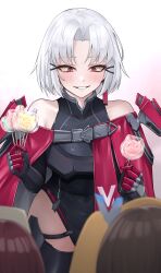 Rule 34 | 4girls, absurdres, armored gloves, armored leotard, black leotard, black thighhighs, candy, character request, drake (nikke), earrings, food, goddess of victory: nikke, highleg, highleg leotard, highres, holding, holding candy, holding food, holding lollipop, jewelry, kurone rinka, laplace (nikke), leotard, lollipop, multiple girls, red eyes, simple background, single earring, solo focus, thighhighs, white background, white hair