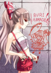 Rule 34 | &gt; &lt;, 1girl, adapted costume, bad id, bad pixiv id, black panties, blunt bangs, buri hamachi, closed eyes, cowboy shot, crayon, ex-keine, female focus, fish, from side, fujiwara no mokou, gorota, hand on own hip, hip focus, holding, holding crayon, horn ornament, horn ribbon, horns, kamishirasawa keine, long hair, open fly, panties, ponytail, profile, ribbon, short shorts, shorts, solo, standing, stomach, strapless, suspenders, touhou, tube top, underwear, unzipped, very long hair