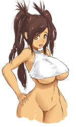 Rule 34 | braid, breasts, brown hair, curvy, covered erect nipples, hand on own hip, hip focus, homura (haku89), huge breasts, navel, open mouth, pussy, sketch, sleeveless, twin braids, twintails, uncensored, underboob, wide hips, yellow eyes