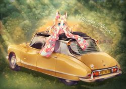 Rule 34 | 10s, 1girl, 2014, animal ears, blonde hair, blue eyes, car, citroen, citroen ds, flower, forest, fox ears, french flag, french text, grass, hair flower, hair ornament, hanakomiti, hand on own face, happy new year, light, long hair, looking at viewer, motor vehicle, nature, new year, original, smile, solo, sticker, sunlight, vehicle, vehicle focus