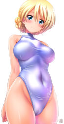 1girl blonde_hair blue_eyes braid breasts cameltoe covered_navel darjeeling_(girls_und_panzer) girls_und_panzer hair_between_eyes highleg highleg_one-piece_swimsuit highres kamogawa_tanuki looking_at_viewer medium_breasts one-piece_swimsuit short_hair simple_background solo standing swimsuit turtleneck turtleneck_one-piece_swimsuit white_background white_one-piece_swimsuit