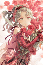Rule 34 | 1girl, bare shoulders, bouquet, cape, detached sleeves, dress, earrings, final fantasy, final fantasy vi, floral background, flower, green eyes, green hair, hair flower, hair ornament, hair ribbon, holding, holding bouquet, jewelry, long hair, looking at viewer, parted bangs, parted lips, pink cape, pink ribbon, ponytail, red dress, red flower, red rose, ren mizuha, ribbon, rose, smile, solo, tina branford, upper body, waist sash, wavy hair