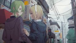 Rule 34 | 2girls, black jacket, blonde hair, blue eyes, blue jacket, bow, commentary, from behind, green eyes, green hair, gumi, hair bow, hand on another&#039;s shoulder, highres, hood, hooded jacket, jacket, kagamine rin, looking back, multiple girls, outdoors, power lines, road, short hair, street, tree, urban, utility pole, vocaloid, white bow, wounds404