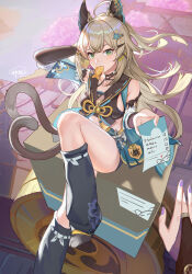 Rule 34 | 2girls, ahoge, animal ears, aqua skirt, arm up, bare shoulders, black shirt, black socks, blonde hair, box, bridal gauntlets, cat ears, cat tail, commentary request, crop top, detached sleeves, fake animal ears, foot out of frame, genshin impact, god hunter, green eyes, half updo, highres, kirara (genshin impact), knee up, long hair, long sleeves, looking at viewer, loose socks, midriff, miniskirt, mouth hold, multiple girls, multiple tails, pov, purple nails, raiden shogun, shirt, sitting, skirt, socks, solo focus, tail, thighs, two tails, very long hair