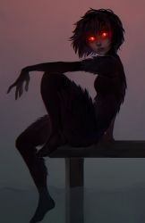 Rule 34 | 1girl, absurdres, bad id, bad tumblr id, black hair, bodysuit, colored sclera, colored skin, commentary, elbow on knee, english commentary, freckles, glowing, glowing eyes, grey skin, highres, kay (sea of solitude), knee up, looking at viewer, looking to the side, matilda fiship, monster girl, parted lips, red eyes, red sclera, sea of solitude, short hair, sitting, solo, yellow eyes