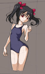 Rule 34 | 10s, 1girl, black hair, blue one-piece swimsuit, bow, clenched hand, cropped legs, grey background, hair bow, looking at viewer, love live!, love live! school idol project, one-piece swimsuit, pink bow, red eyes, rohitsuka, school swimsuit, sketch, smile, solo, swimsuit, twintails, yazawa nico