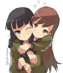 Rule 34 | 10s, 2girls, :t, ;t, artist name, black eyes, black hair, blunt bangs, brown eyes, brown hair, clenched hands, couple, eight tohyama, green shirt, heart, hime cut, hug, hug from behind, kantai collection, kitakami (kancolle), long hair, looking at another, multiple girls, nuzzle, ooi (kancolle), personification, school uniform, serafuku, shirt, sidelocks, signature, simple background, smile, twitter username, white background, yuri