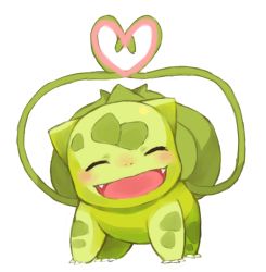 Rule 34 | ^ ^, alternate color, animal focus, blush, bulbasaur, claws, closed eyes, creatures (company), closed eyes, facing viewer, fangs, full body, game freak, gen 1 pokemon, green theme, happy, heart, nintendo, no humans, nose blush, open mouth, plant, pokemon, pokemon (creature), puddingx2, shiny pokemon, simple background, smile, solo, standing, vines, white background