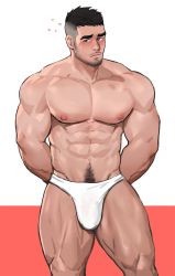 Rule 34 | 1boy, abs, bara, beard, black hair, blush, briefs, bulge, dopey (dopq), facial hair, feet out of frame, highres, large pectorals, looking at viewer, male focus, male underwear, mature male, muscular, muscular male, navel, navel hair, nipples, original, pectorals, short hair, sideburns, solo, stomach, stubble, thick thighs, thighs, undercut, underwear, underwear only, white male underwear