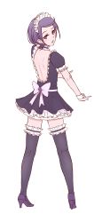 Rule 34 | 1girl, alternate costume, back bow, backless dress, backless outfit, black thighhighs, bow, dokidoki! precure, dress, enmaided, frilled dress, frilled thighhighs, frills, from above, full body, grey background, half-closed eyes, high heels, highres, kenzaki makoto, layered dress, looking at viewer, looking back, maid, maid headdress, open mouth, precure, pumps, purple eyes, purple footwear, purple hair, short dress, short hair, shoulder blades, simple background, solo, swept bangs, thighhighs, thighs, transparent background, unpale, white bow, wrist cuffs