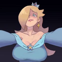 Rule 34 | 1girl, absurdres, arms up, blonde hair, blue eyes, breasts, clothes, crown, earrings, gradient background, hair over one eye, highres, jewelry, karu 184, long hair, looking at viewer, mario (series), medium breasts, nintendo, piercing, robe, rosalina, smile, star (symbol), star earrings, super mario galaxy, tongue, tongue out